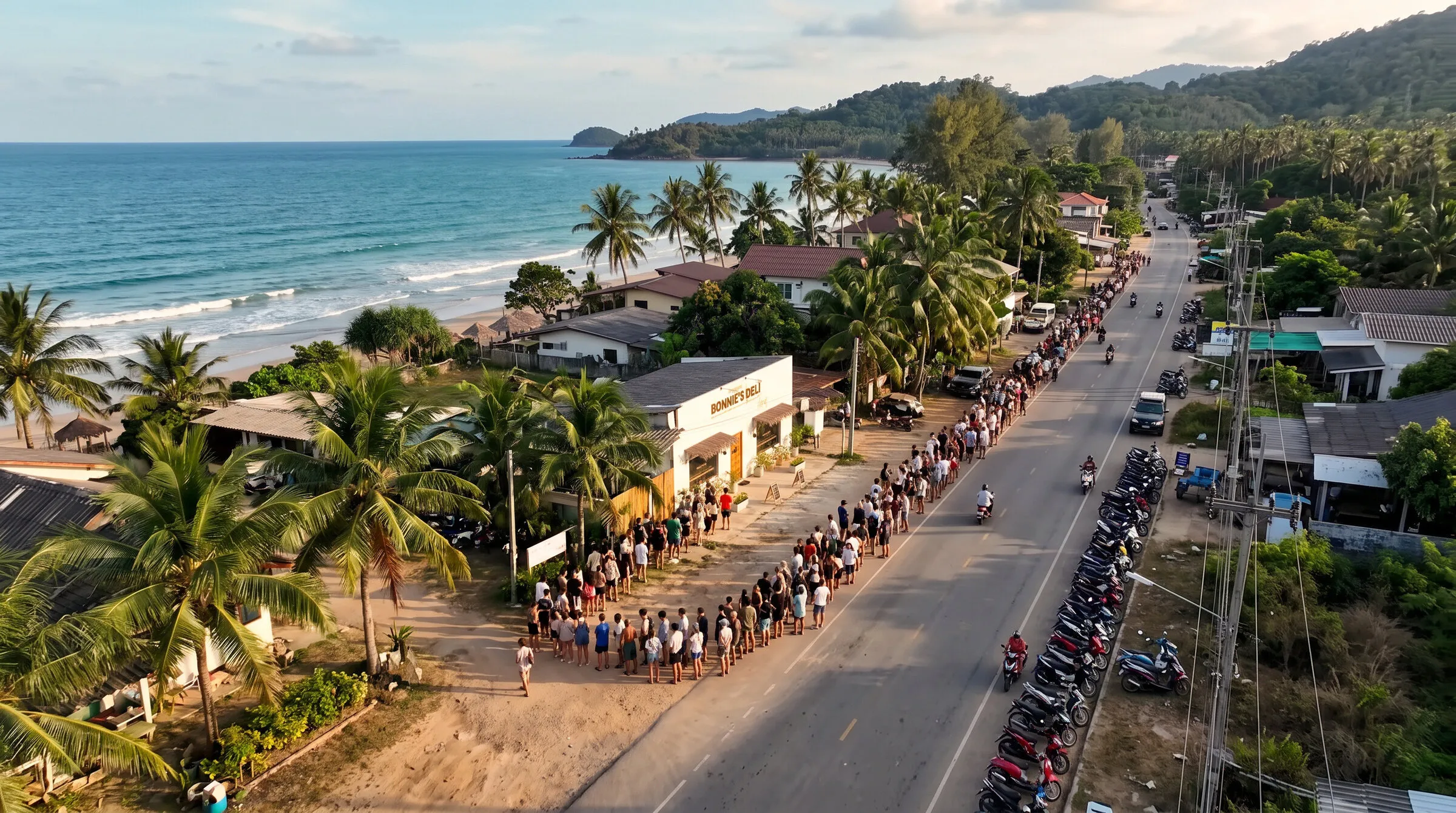 Aerial view of a long queue of people and parked scooters along the beach road outside the deli