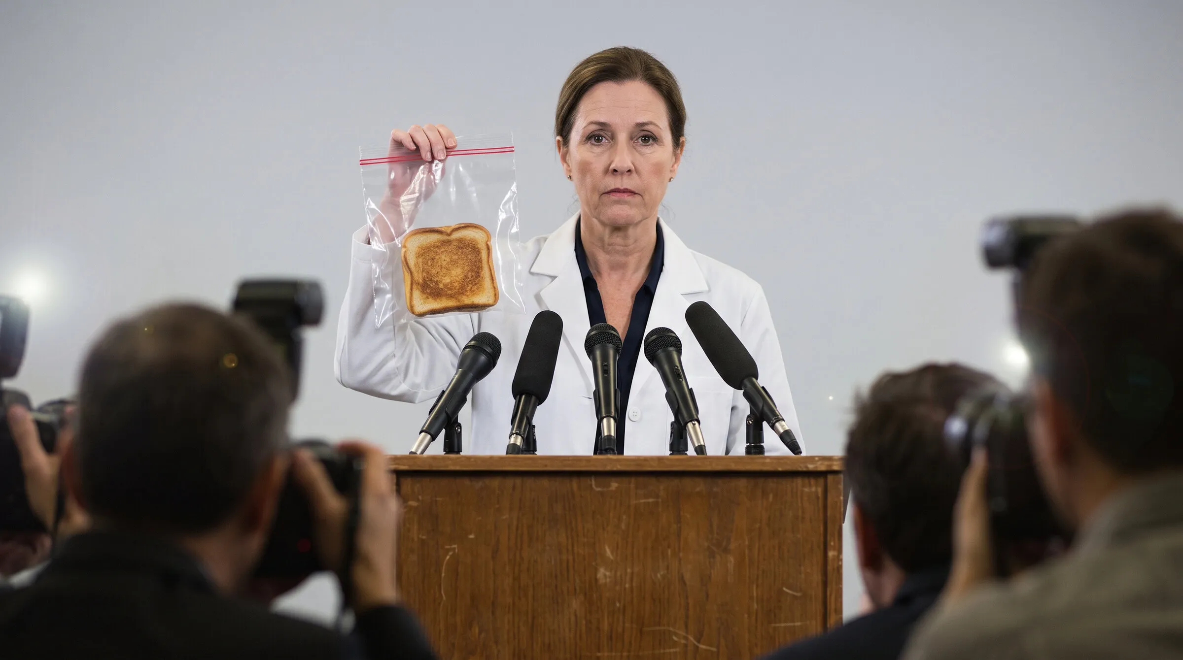 A health official at a press conference holds up a toasted sandwich sealed in a plastic evidence bag while cameras flash