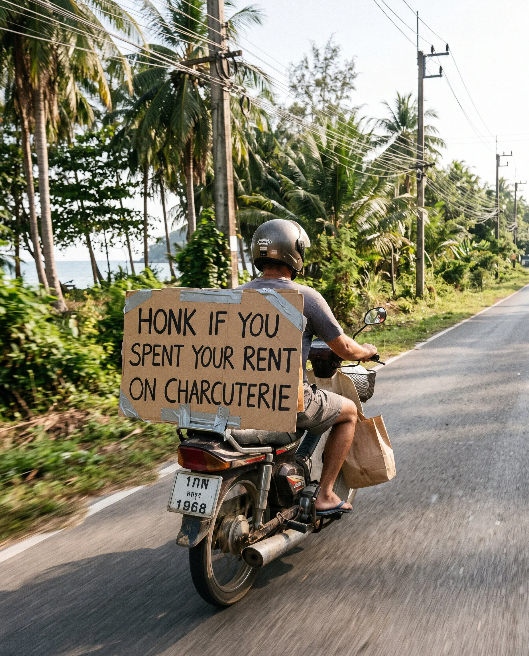 A scooter rider with a sign taped on the back reading Honk if you spent your rent on charcuterie