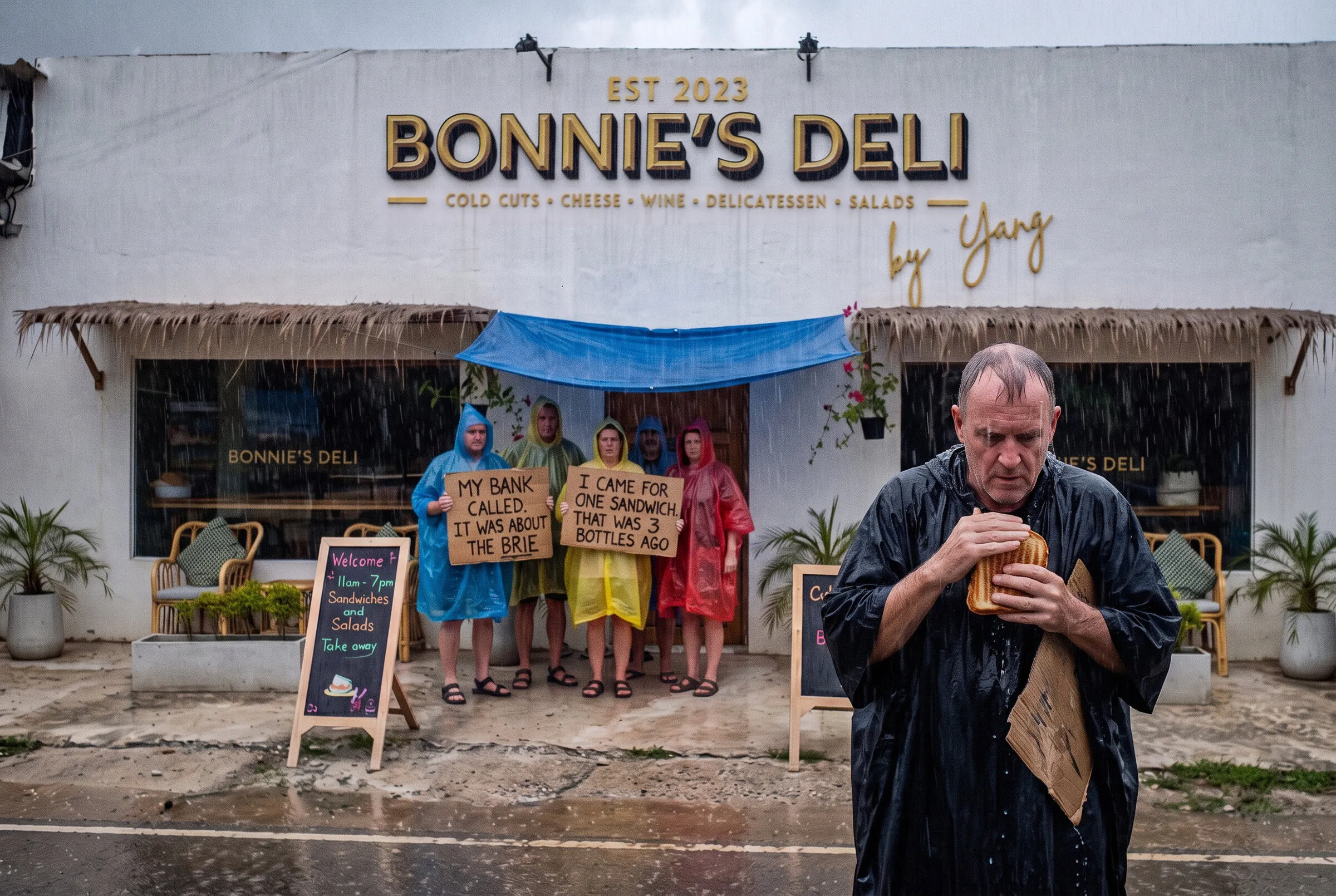 Protesters in ponchos under a blue tarp in monsoon rain, one shielding his sandwich