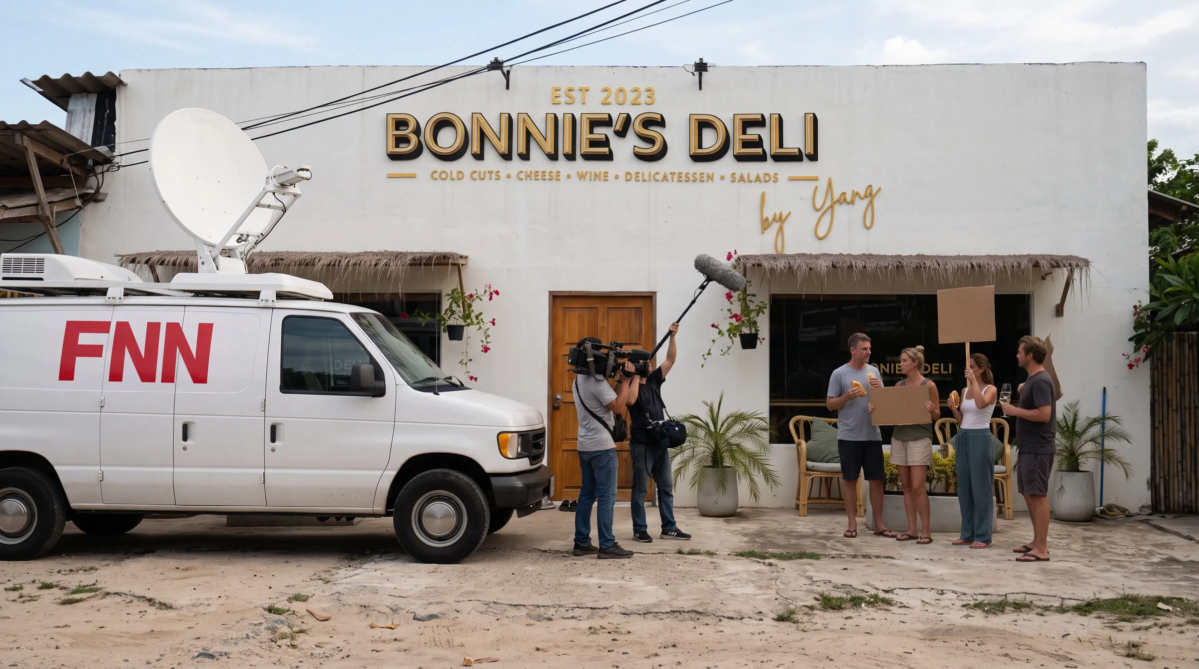 A white satellite van with a large red FNN logo parked on the road outside the deli