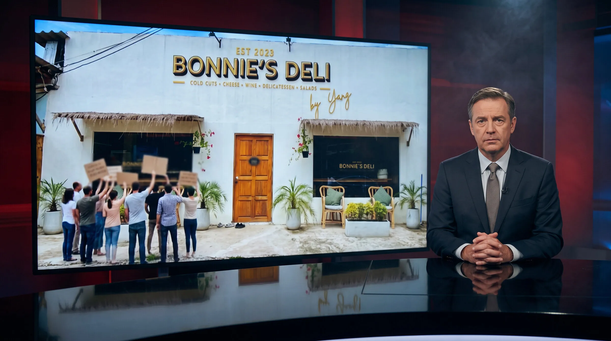 A news anchor at a studio desk with the front of Bonnie's Deli on the large screen behind him