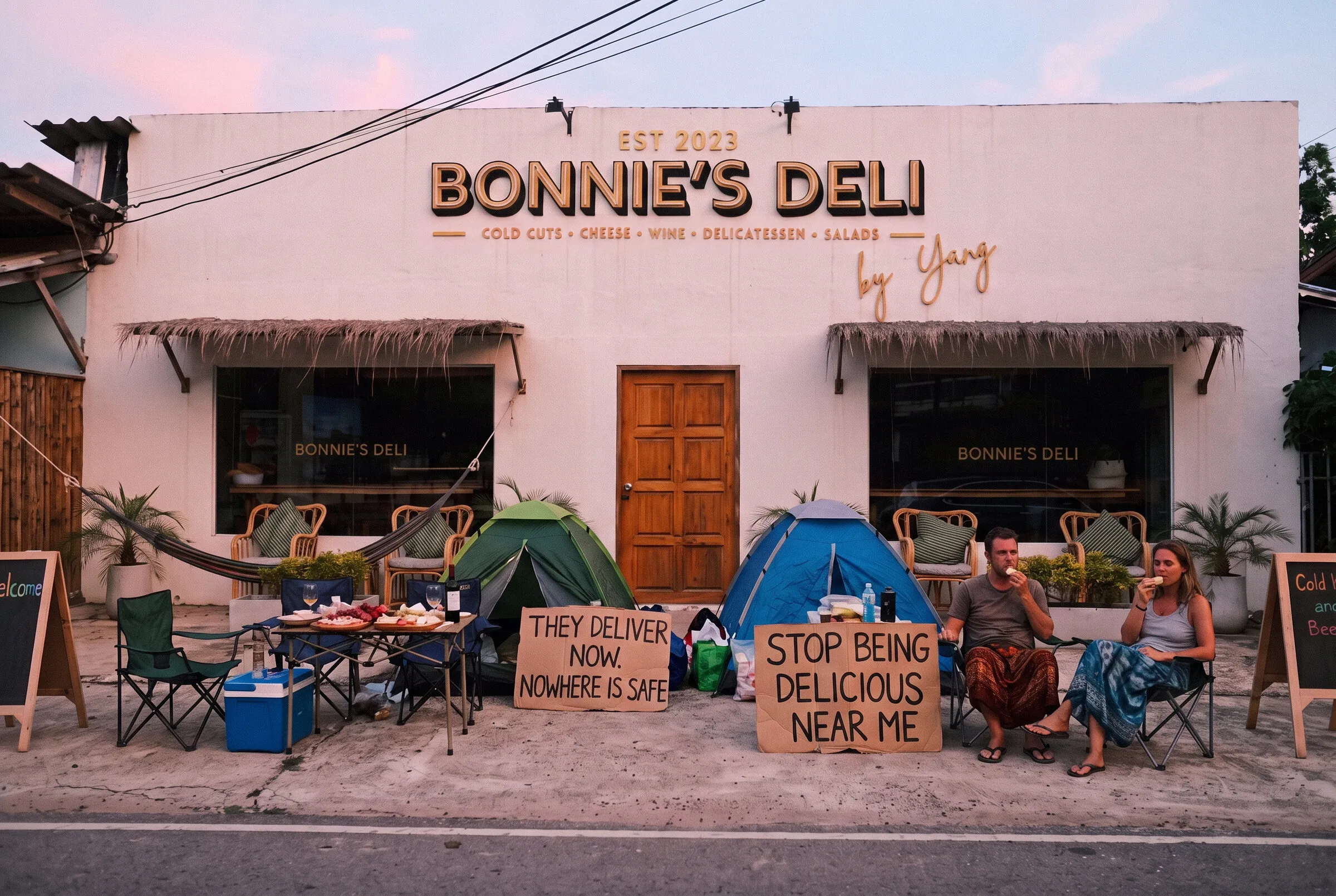Tents and camping chairs pitched at the deli door at dawn, with a charcuterie board on a folding table